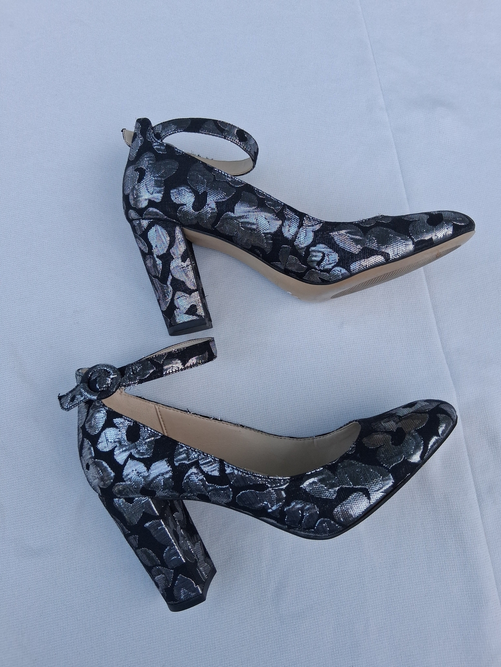 Marc Fisher Silver and Black Floral Ankle-Strap Block Heels